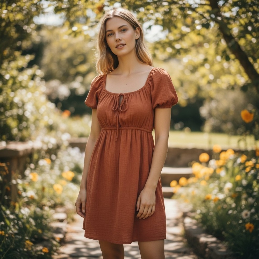 Cozy Autumn Burnt Orange Peasant Dress Fairycore Whimsy Mini Dress Large - Picture 1 of 5